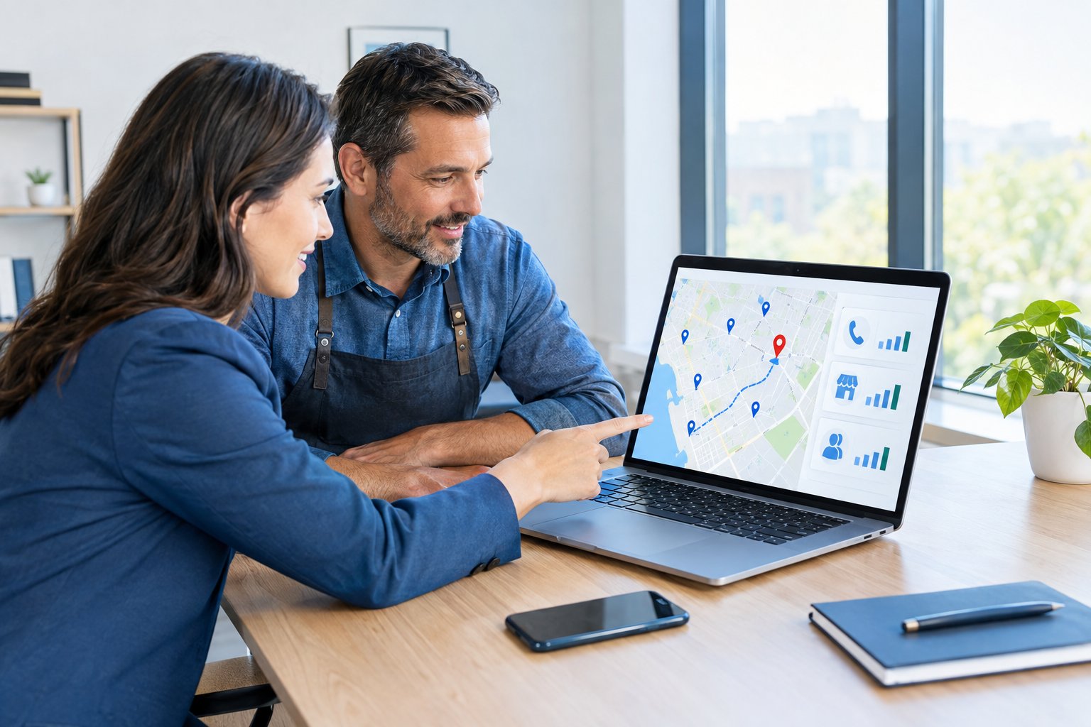 A small-business owner and marketing professional review a map on a laptop in an office.